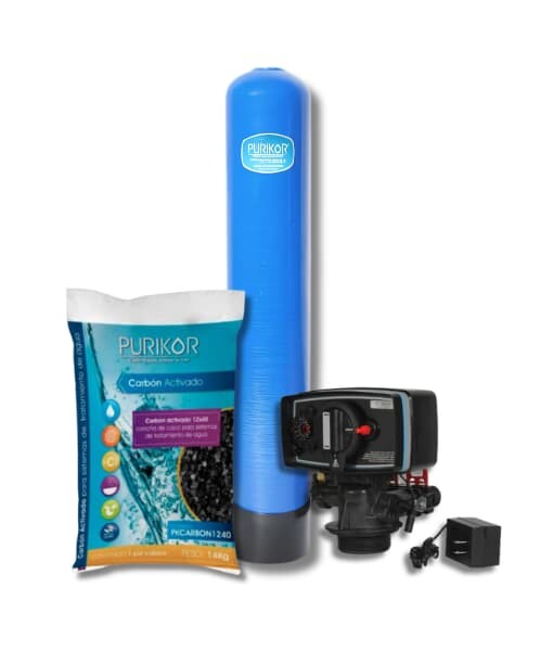 Filtro de carbon activado Purikor con valvula automatica por tiempo PKVF26T y tanque de 9" x 48" con capacidad de 1 ft3