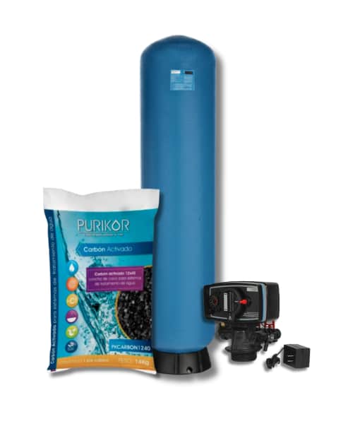Filtro de carbon activado Purikor con valvula automatica por tiempo PKVF26T y tanque PKT de 9" x 48" con capacidad de 1 ft3