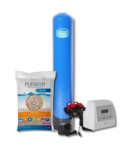 Filtro de zeolita Purikor con valvula automatica por demanda PKVF27D y tanque de 14" x 65" con capacidad de 3 ft3