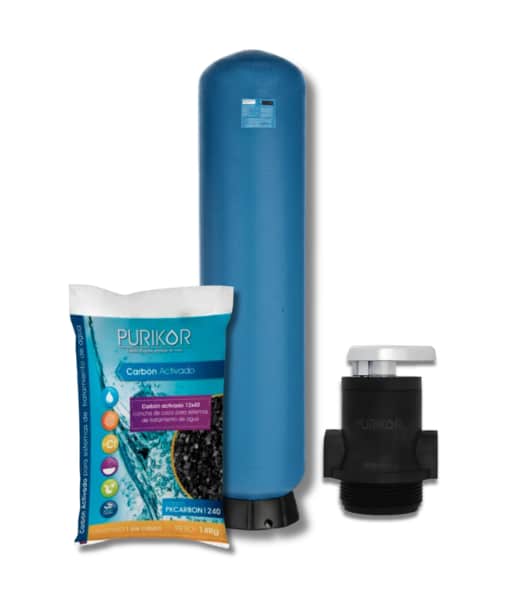 Filtro de carbon activado Purikor con valvula manual PKVMF-3/4-2V y tanque PKT de 10" x 54" con capacidad de 1.5 ft3
