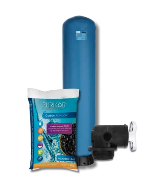 Filtro de carbon activado Purikor con valvula manual PKVMF-3/4-2H y tanque PKT de 10" x 54" con capacidad de 1.5 ft3