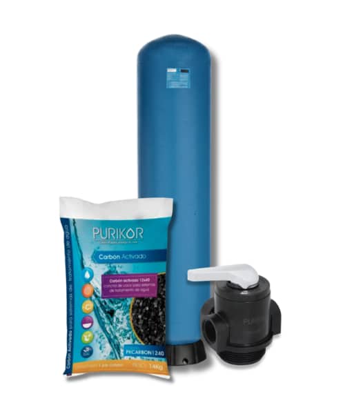Filtro de carbon activado Purikor con valvula manual PKVMF-1-4V y tanque PKT de 10" x 54" con capacidad de 1.5 ft3