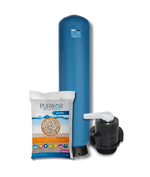 Filtro de zeolita Purikor con valvula manual PKVMF-1-4V y tanque PKT de 10" x 54" con capacidad de 1.5 ft3