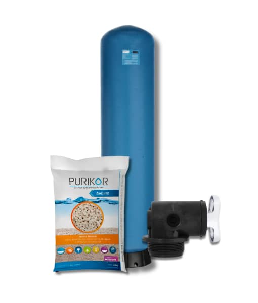 Filtro de zeolita Purikor con valvula manual PKVMF-3/4-2H y tanque PKT de 10" x 54" con capacidad de 1.5 ft3